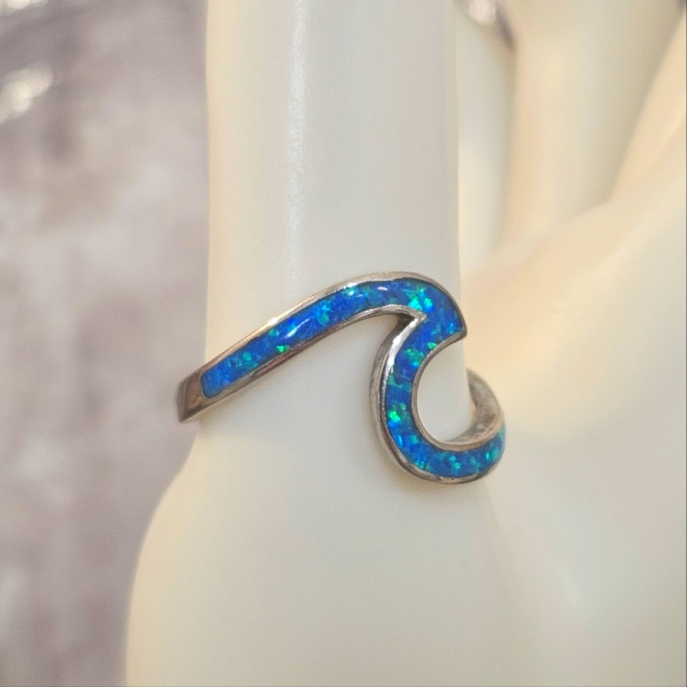 Sterling Silver Blue Opal Wave 925 Ring Size 9.5 US
